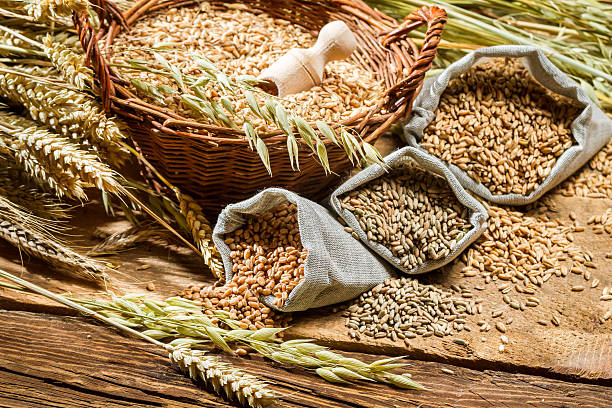 istock Closeup of bags with cereal grains 450948285