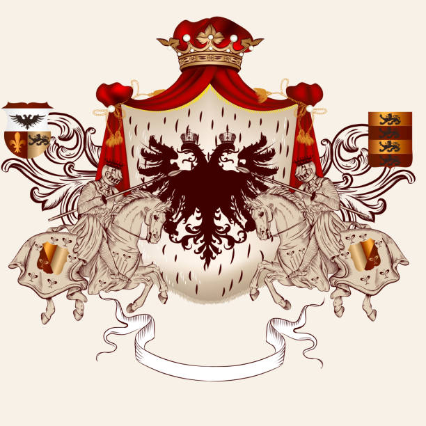 heraldic дизайн с использованием герба и лошадей - coat of arms wreath laurel wreath symbol stock illustrations