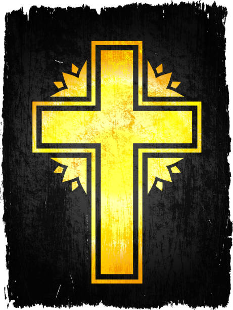 illustrazioni stock, clip art, cartoni animati e icone di tendenza di golden christian cross su sfondo nero vettoriali royalty-free - christianity cross shape dirty grunge