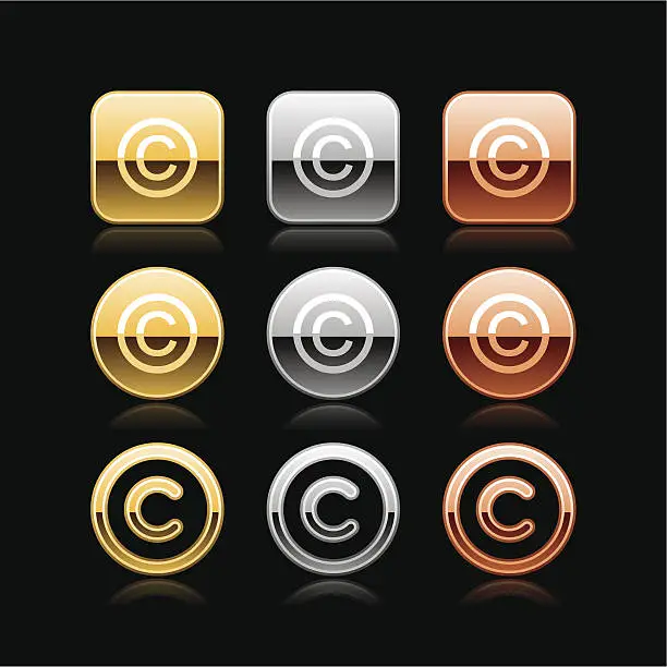 Vector illustration of Copyright sign square circle button chrome metal web internet icon