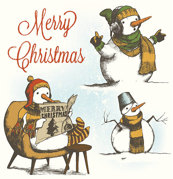Christmas Snowman Set, Hand Drawn Illustration Layered file. Transparencies were used to create this illustration. The download consists in an AI10 RGB EPS vector file as well as a high resolution RGB JPEG file (minimum 1900 x 2800 pixels). glengarry cap stock illustrations