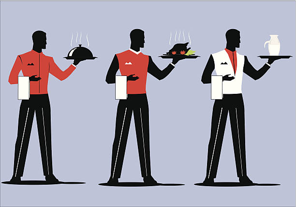 waiter holding a tray with various uniform vector art illustration