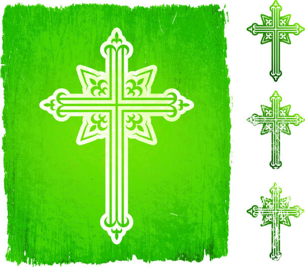 illustrazioni stock, clip art, cartoni animati e icone di tendenza di croce set di colore verde - christianity cross shape dirty grunge