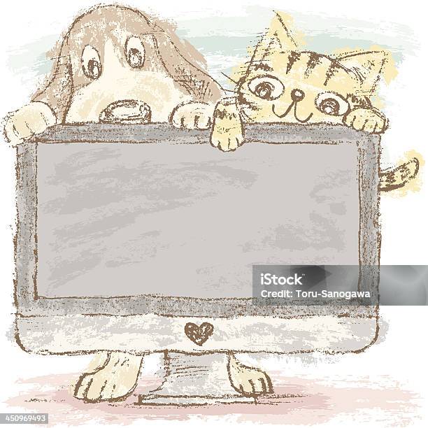 Hund Und Katze Auf Pc Stock Vektor Art und mehr Bilder von Hauskatze - Hauskatze, Hund, Bleistiftzeichnung
