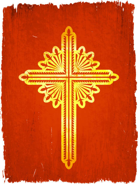 illustrazioni stock, clip art, cartoni animati e icone di tendenza di croce d'oro su sfondo rosso - christianity cross shape dirty grunge
