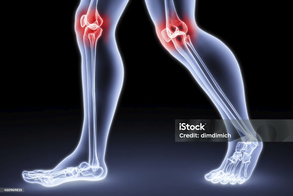feet male feet under the X-rays. knee joints are highlighted in red. Anatomy Stock Photo