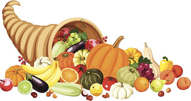 ilustraciones, imágenes clip art, dibujos animados e iconos de stock de otoño cornucopia (bocina de muchas) con frutas y hortalizas.  vector. - cornucopia