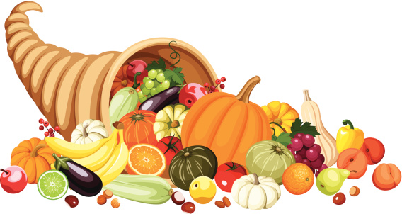 Vector autumn cornucopia with various fruits and vegetables isolated on white.