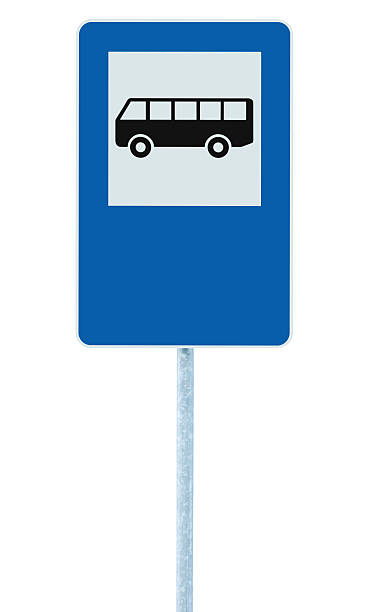 parada de autobús poste indicador de polo, el camino roadsign, azul aislado - bus coach bus travel isolated fotografías e imágenes de stock