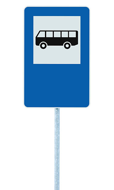 bus stop après pole, trafic road roadsign, bleu isolé - stop sign stop road sign sign photos et images de collection