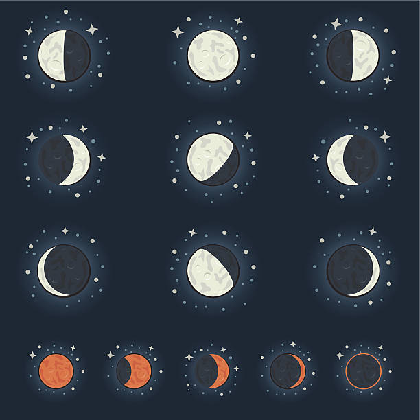 moon phase All possible phases of the moon and the lunar eclipse, on a dark star background half moon stock illustrations