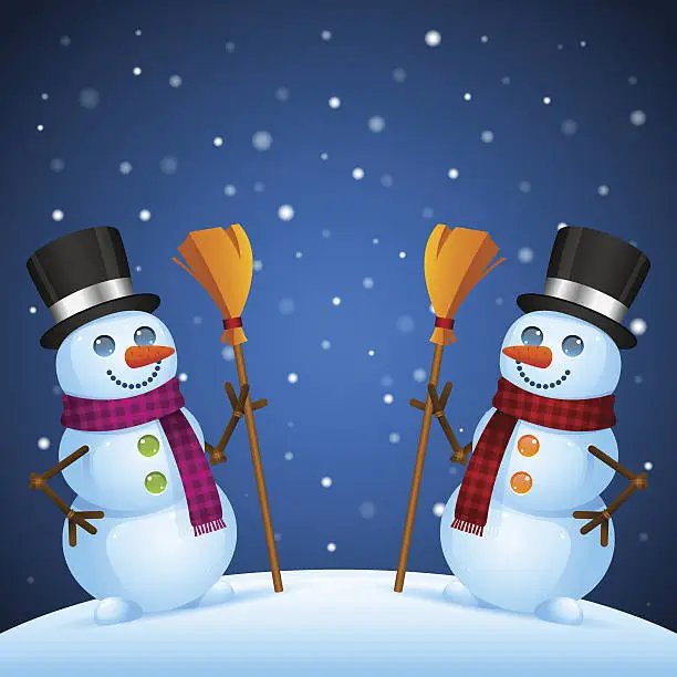 Vector illustration of Two snowmen stand with broom