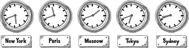 world time zone wall clocks drawing - duvar saati illüstrasyonlar stock illustrations