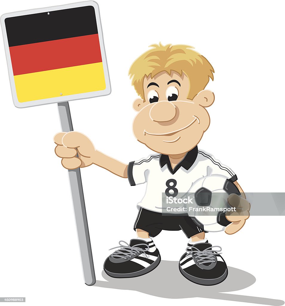 Soccer Player Germany Sign Cartoon Man Isolated Vector Illustration of a cartoon man, who is holding a germany flag sign and a soccer ball. The illustration is on a transparent background (.eps-file). The colors in the .eps-file are ready for print (CMYK). Included files: EPS (v8) and Hi-Res JPG. Adult stock vector