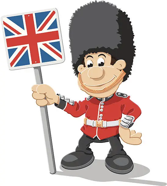 Vector illustration of British Royal Guard Cartoon Man Union Jack Isolated