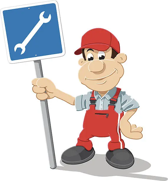Vector illustration of Auto Mechanic Cartoon Man Repair Shop Sign Isolated