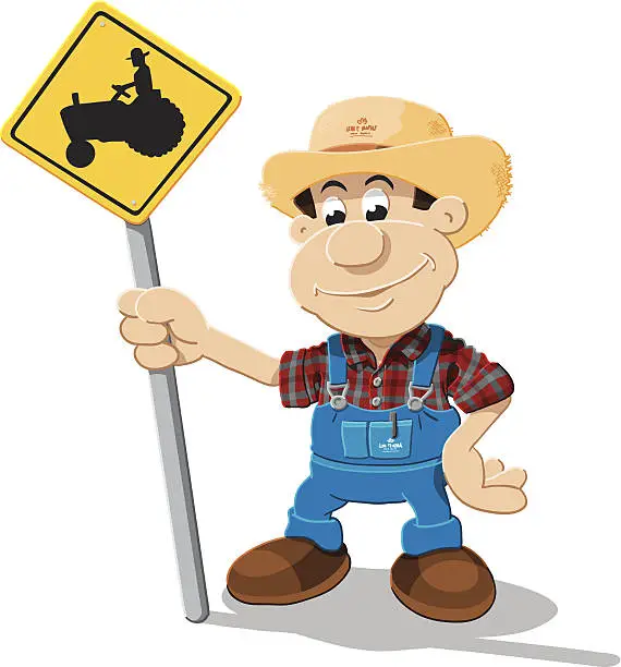 Vector illustration of Farmer Cartoon Man Tractor Sign Isolated