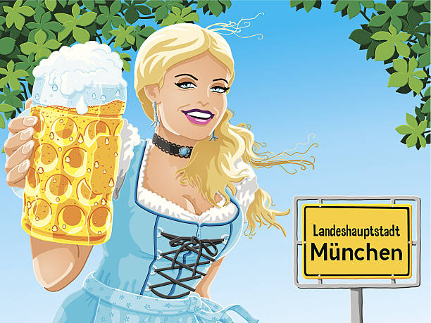 Munich City Sign Beer Fest Beer Woman Vector Vector Illustration of a beautiful bavarian woman, who is holding a beer stein in front of a Munich city road sign. She is wearing a traditional Dirndl. The woman, the leaves, the traffic sign and the background are on separate layers. The colors in the .eps-file are ready for print (CMYK). Transparencies used. Included files: EPS (v10) and Hi-Res JPG. pics of dirndl skirt stock illustrations