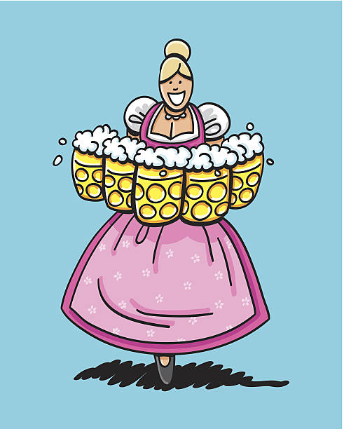 Pink Beer Fest Dirndl Beer Waitress Sketchy vector illustration of a beautiful Beer Fest Waitress with many beer steins. She's wearing a pink Dirndl outfit. Line art, color and background are on separate layers, so you also can use the illustration on your own background. The colors in the .eps-file are ready for print (CMYK). Included files: EPS (v8) and Hi-Res JPG. pics of dirndl skirt stock illustrations