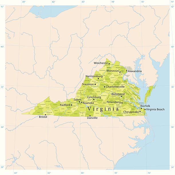 Virginia Vector Map Highly detailed vector map of Virginia, United States. Source data courtesy of NGDC (database: World Data Bank II), NASA (reference images: Blue Marble) and National Atlas (database: county boundaries). The source data is in the public domain. Data updated and improved. File was created on June 5, 2013. The colors in the .eps-file are ready for print (CMYK). Included files: EPS (v8) and Hi-Res JPG (5600 × 5600 px). manassas stock illustrations