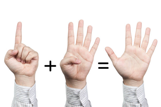 istock Hand symbol number 1+4=5, isolated on white background 450990269