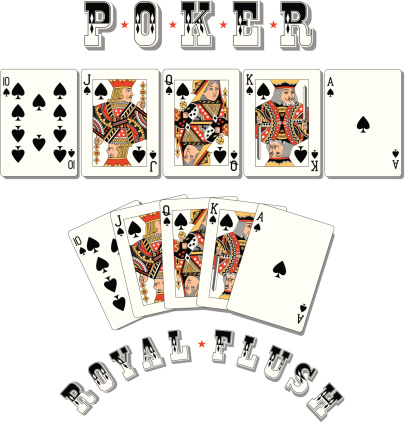 Playing cards displayed to show two examples of a 'Royal Flush' together with the words Poker and Royal Flush.