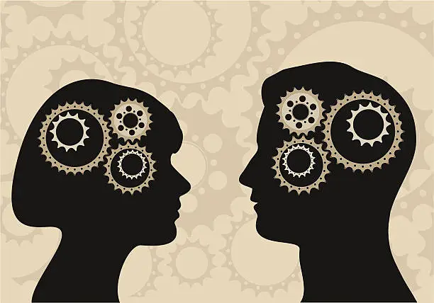 Vector illustration of Silhouettes of a man and woman with gears in heads