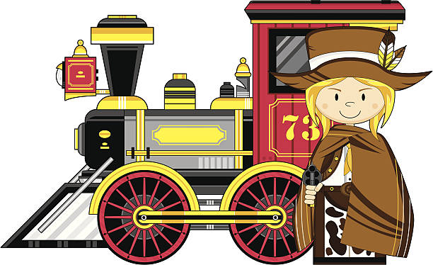 Cute Cowgirl & Wild West Train Vector Illustration of a cartoon Wild West Style Train with Cowgirl in Poncho. girl with cowboy hat stock illustrations