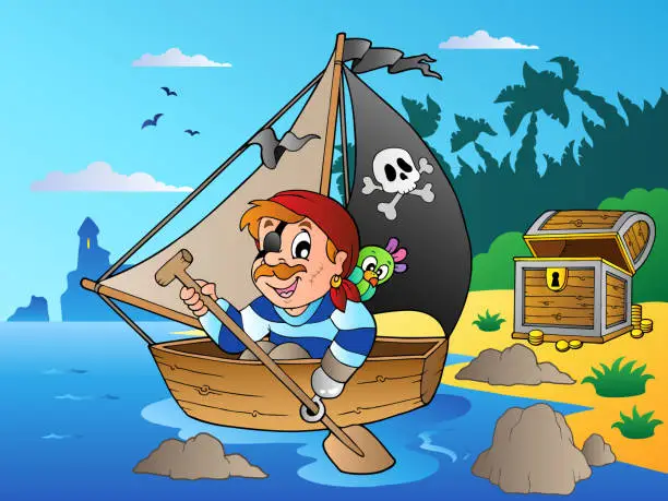 Vector illustration of Coast with young cartoon pirate 1