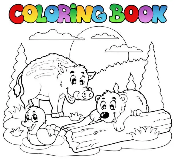 Vector illustration of Coloring book with happy animals 2