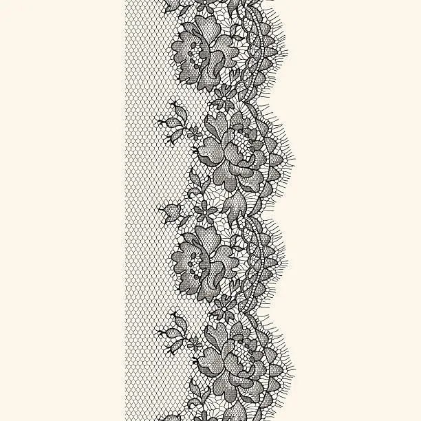 Vector illustration of Black Lace Ribbon. Vertical Seamless Pattern.