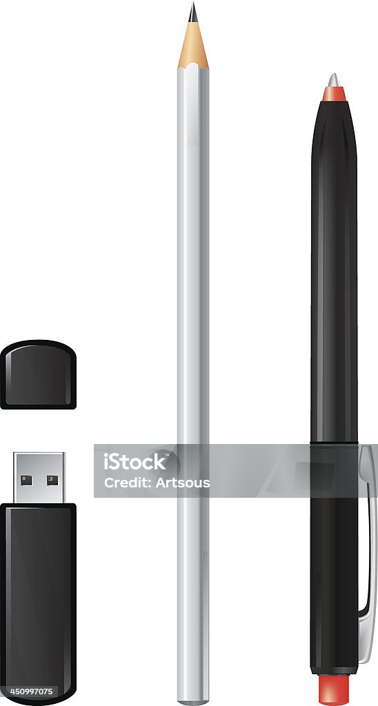 Флэш-накопитель Usb подключеный, карандаш и ручка изолированные - Векторная графика USB-кабель роялти-фри