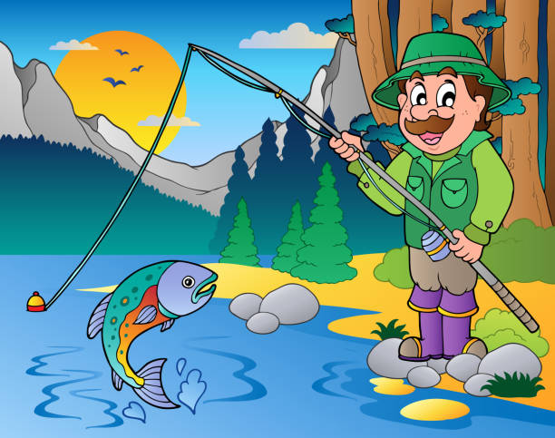 istock Lake with cartoon fisherman 1 450997967