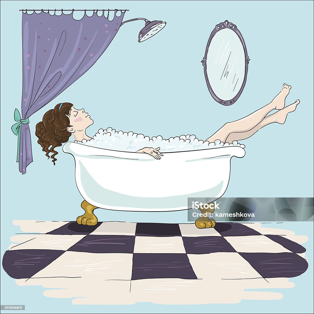 Menina tomando banho, tempo de relaxamento - Vetor de Banheira royalty-free