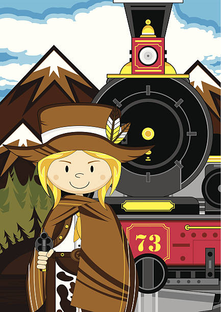 Cowgirl & Wild West Train Scene Vector Illustration of a cartoon Wild West Style Train with Cowgirl in Poncho scene. girl with cowboy hat stock illustrations