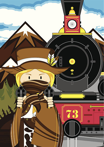 Cowgirl & Wild West Train Scene Vector Illustration of a cartoon Wild West Style Train with Cowgirl in Mask scene. girl with cowboy hat stock illustrations