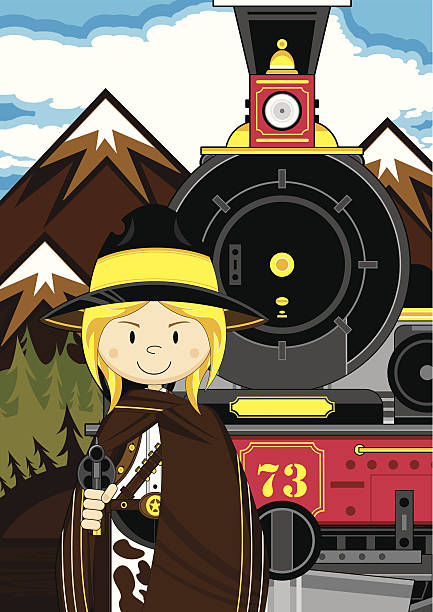 Cute Cowgirl & Wild West Train Scene Vector Illustration of a cartoon Wild West Style Train with Cowgirl in Poncho scene. girl with cowboy hat stock illustrations