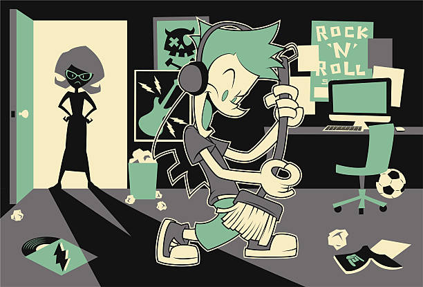 Broom Guitarist Boy with broom guitar and his mom. messy vs clean desk stock illustrations
