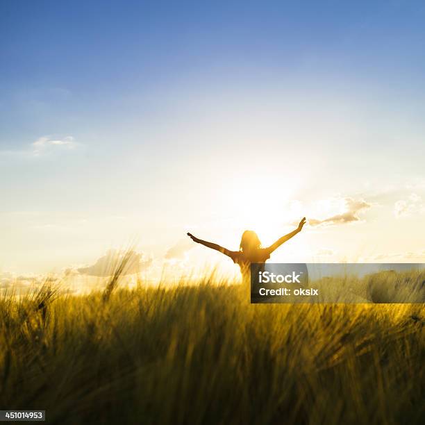 Girl On Sunset Stock Photo - Download Image Now - Adult, Arms Outstretched, Carefree