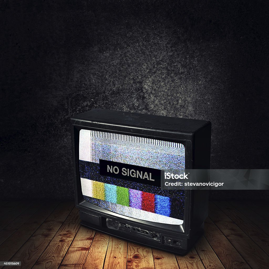 No Signal on TV No signal on vintage TV device in dark room. Analog Stock Photo