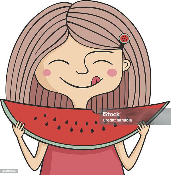 Happy Girl Eats Sweet Арбуз — стоковая векторная графика и другие изображения на тему Арбуз - Арбуз, Векторная графика, Взрослый