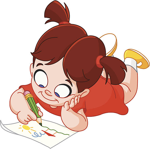 Little girl drawing Little girl lying on her stomach and making a drawing on a paper how to draw a school building clip art stock illustrations