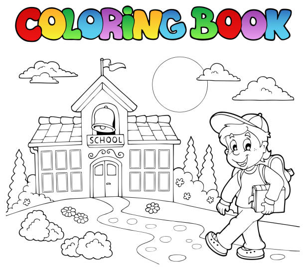 Coloring book school cartoons 7 Coloring book school cartoons 7 - vector illustration. how to draw a school building clip art stock illustrations