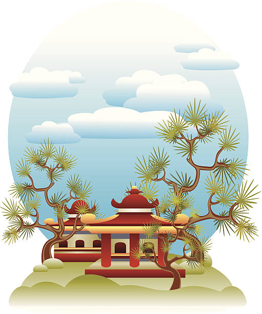 Feng Shui illustration Tranquil illustration with pagodas, pine-trees and soft clouds in bright blue sky. Vector is eps8 with linear gradients. shaolin monastery stock illustrations