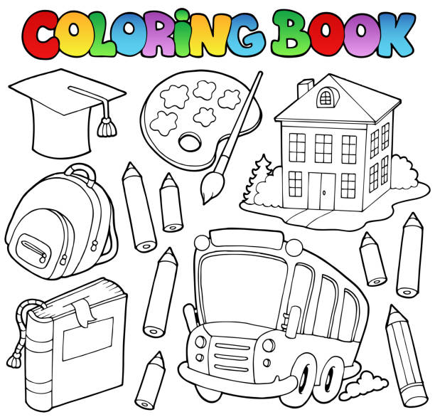 Coloring book school cartoons 9 Coloring book school cartoons 9 - vector illustration. how to draw a school building clip art stock illustrations