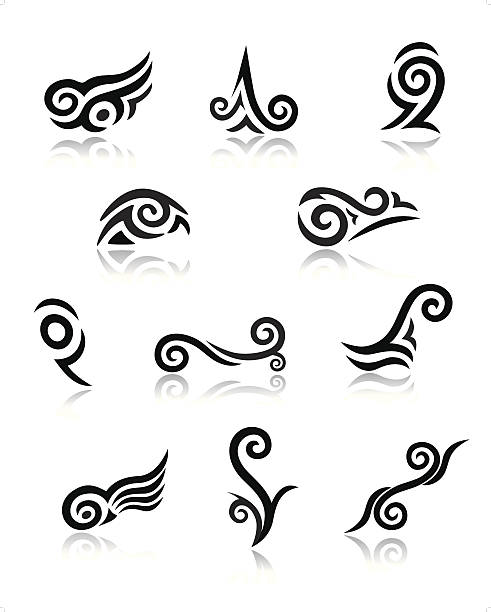 Abstract Maori Koru Tattoo Elements with Reflections Abstract Maori Koru Tattoo Elements with Reflections koru pattern stock illustrations