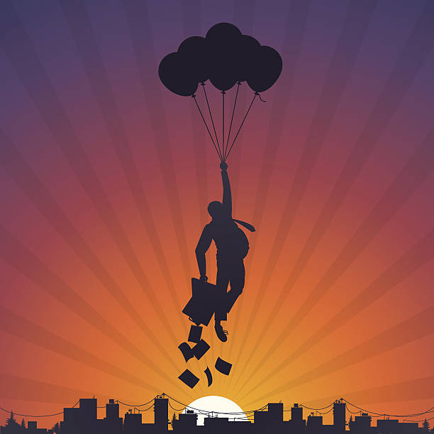 Business man flying on balloons to the sky Business man flying on balloons, vector Eps10 image. balloon silhouettes stock illustrations