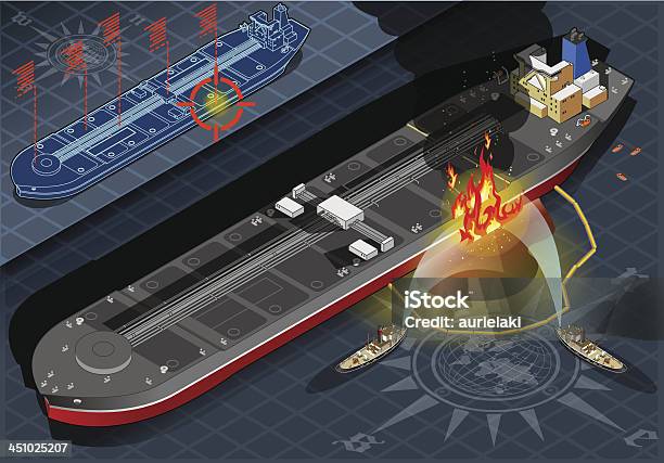 Изометрические Нефтяной Танкер Огонь Бедствия В Вид Спереди — стоковая векторная графика и другие изображения на тему Аварии и катастрофы