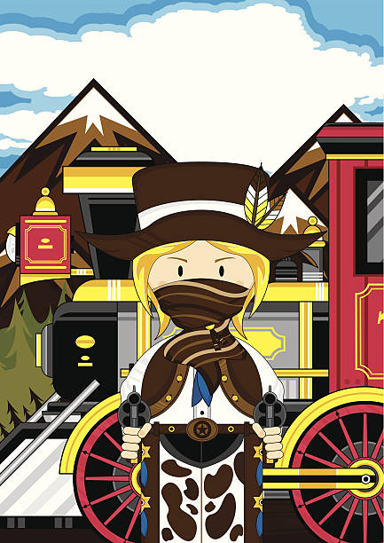 Train with Cute Cowgirl Gunslinger Vector Illustration of a cartoon Wild West Style Train with cute little Cowgirl Gunslinger. girl with cowboy hat stock illustrations
