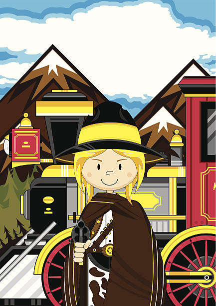 Cute Cowgirl & Wild West Train Vector Illustration of a cartoon Wild West Style Train with Cowgirl in Poncho. girl with cowboy hat stock illustrations